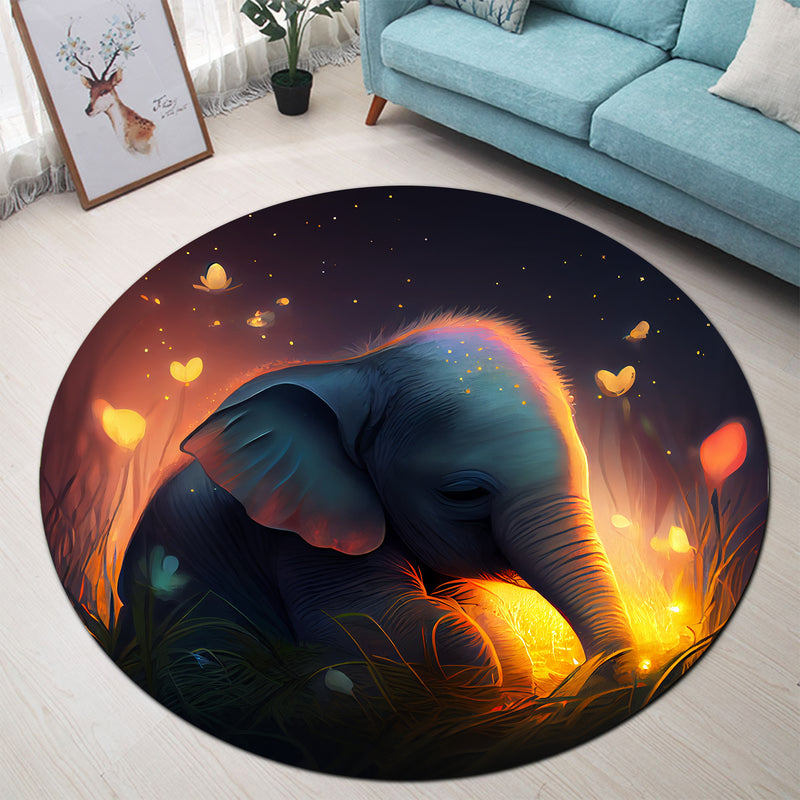 Cute Baby Elephant Bedded Down In The Grass 1 Round Rug
