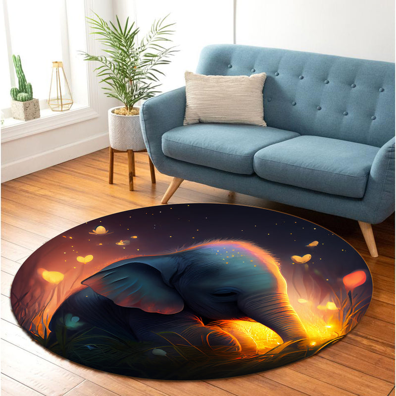Cute Baby Elephant Bedded Down In The Grass 1 Round Rug