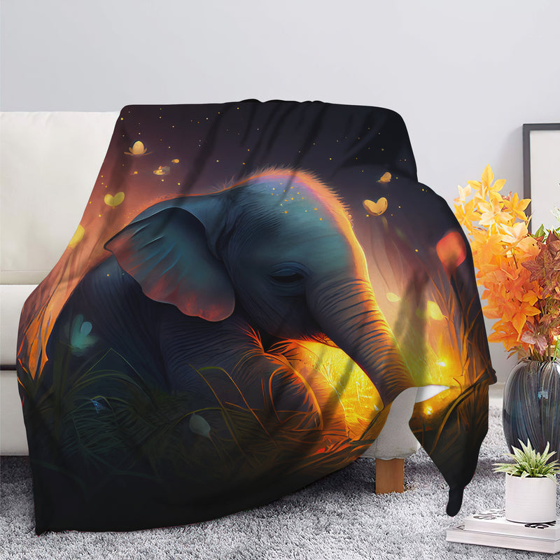 Cute Baby Elephant Bedded Down In The Grass Safe And Cozy Fireflies Moonlight Premium Blanket
