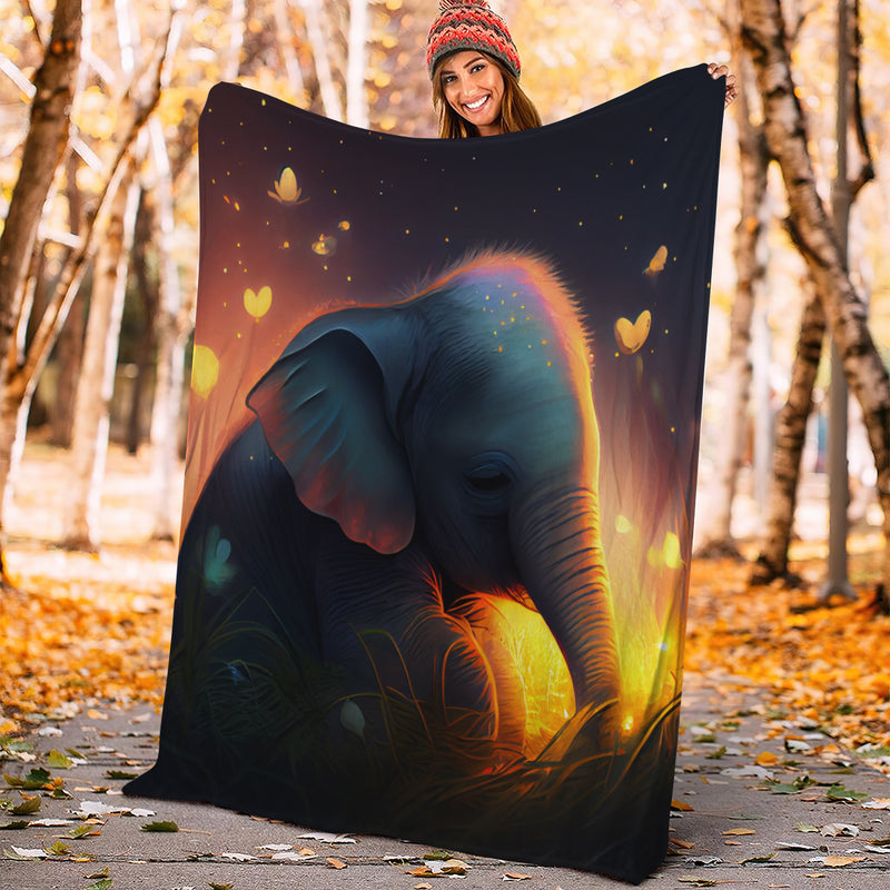 Cute Baby Elephant Bedded Down In The Grass Safe And Cozy Fireflies Moonlight Premium Blanket
