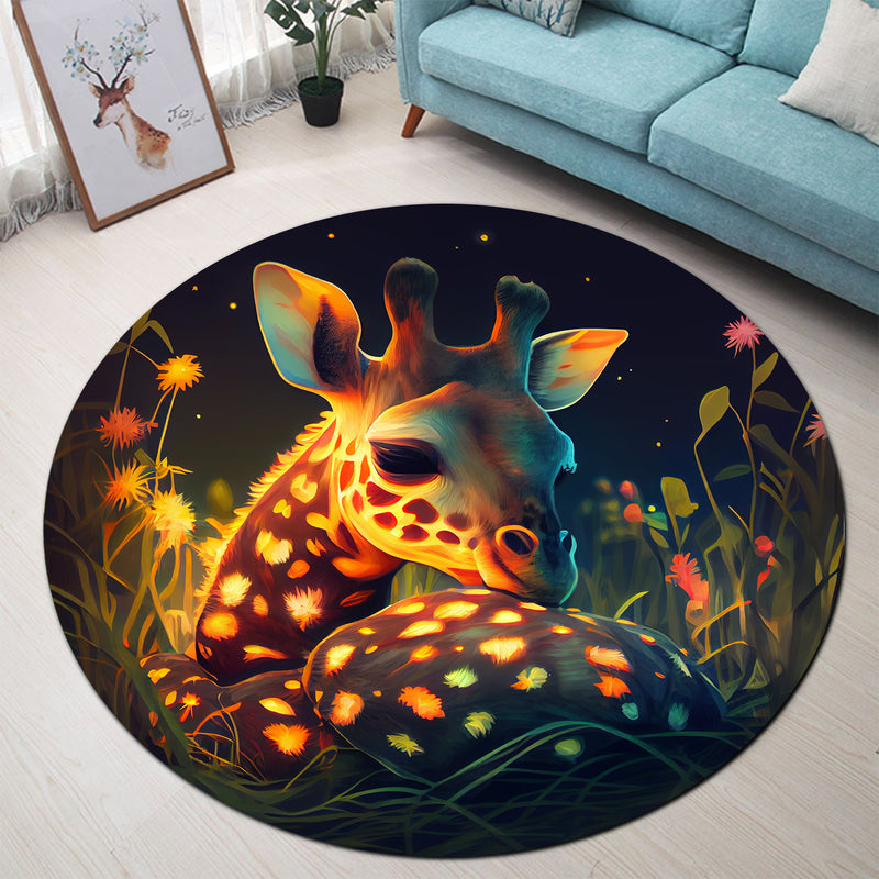 Cute Baby Giraffe Bedded Down In The Grass 1 Round Rug