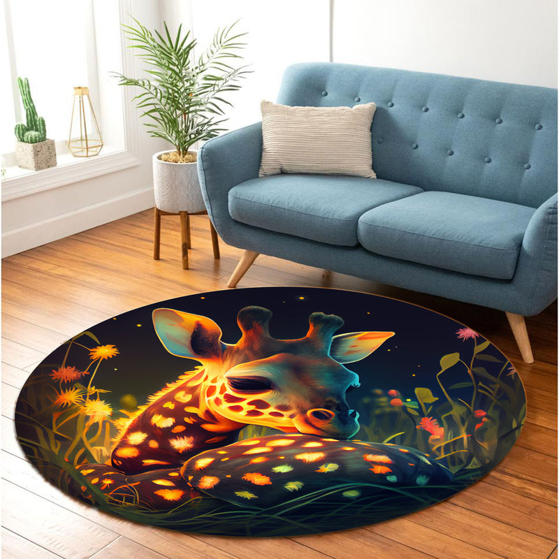 Cute Baby Giraffe Bedded Down In The Grass 1 Round Rug
