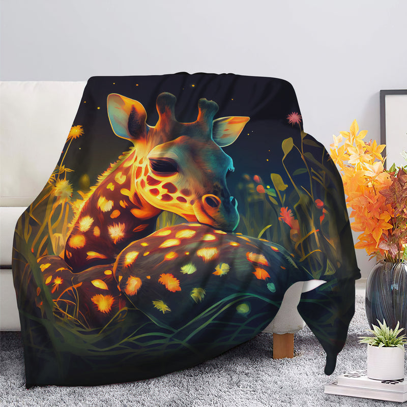 Cute Baby Giraffe Bedded Down In The Grass Safe And Cozy Fireflies Moonlight Premium Blanket