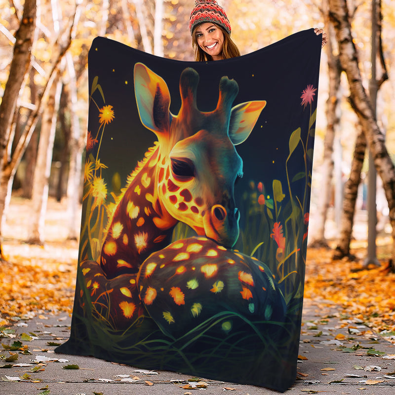 Cute Baby Giraffe Bedded Down In The Grass Safe And Cozy Fireflies Moonlight Premium Blanket