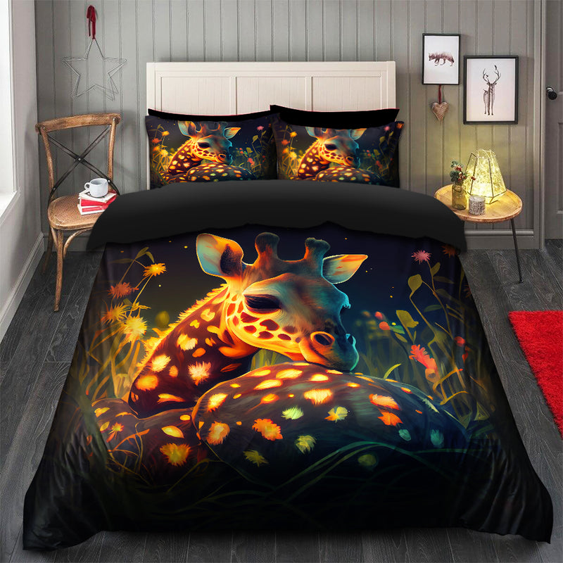 Cute Baby Giraffe Bedded Down In The Grass Safe And Cozy Fireflies Bedding Set Duvet Cover And 2 Pillowcases