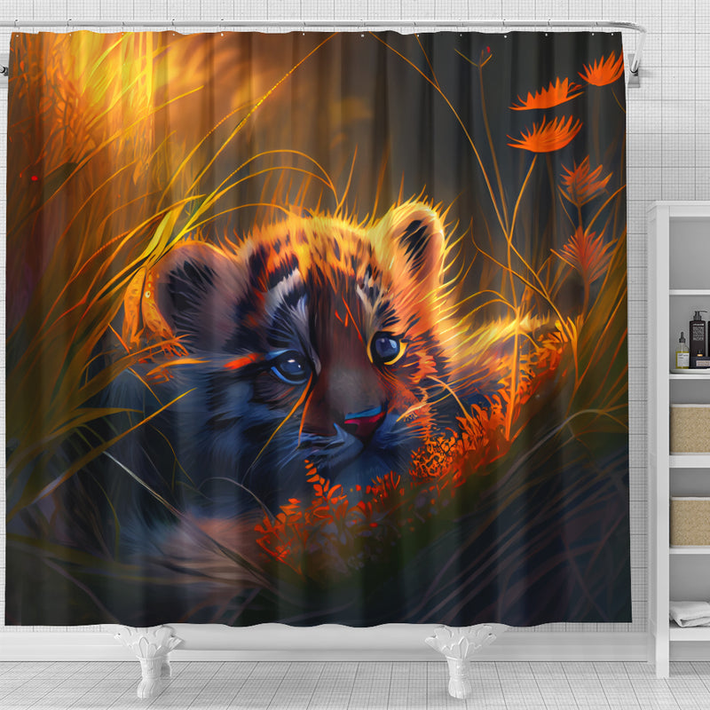 Cute Baby Tiger Bedded Down In The Grass Shower Curtain