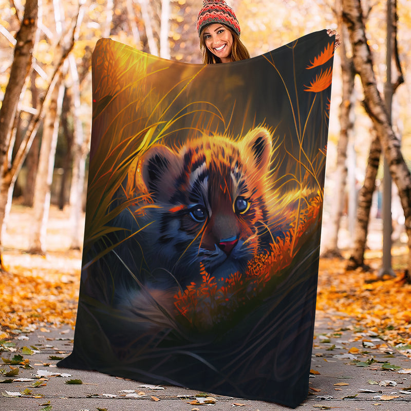 Cute Baby Tiger Bedded Down In The Grass Safe And Cozy Fireflies Moonlight Premium Blanket