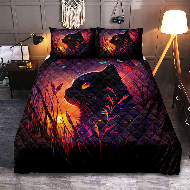 Cute Black Cat Bedded Down In The Grass Quilt Bed Sets