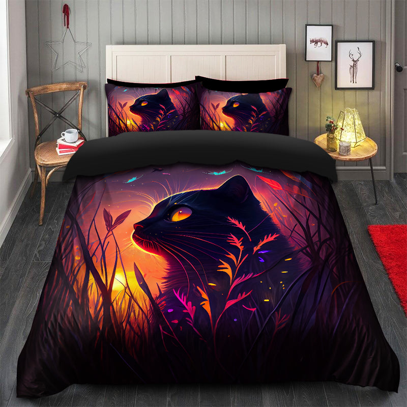 Cute Black Cat Bedded Down In The Grass Safe And Cozy Fireflies Bedding Set Duvet Cover And 2 Pillowcases