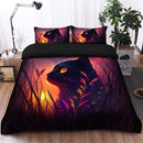 Cute Black Cat Bedded Down In The Grass Safe And Cozy Fireflies Bedding Set