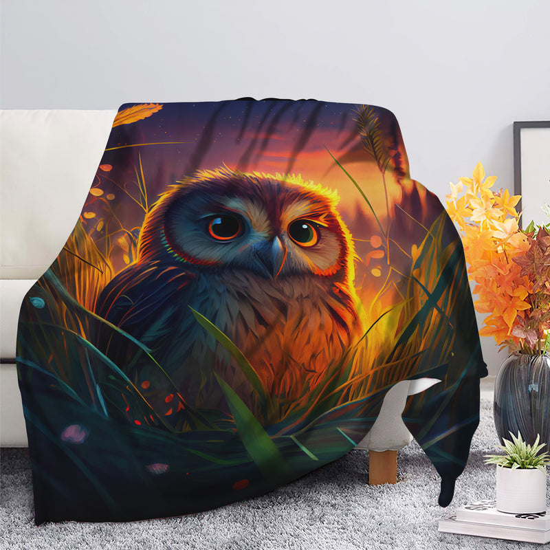 Cute Owl 2 Bedded Down In The Grass Safe And Cozy Fireflies Moonlight Premium Blanket