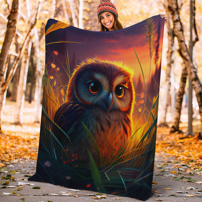 Cute Owl 2 Bedded Down In The Grass Safe And Cozy Fireflies Moonlight Premium Blanket