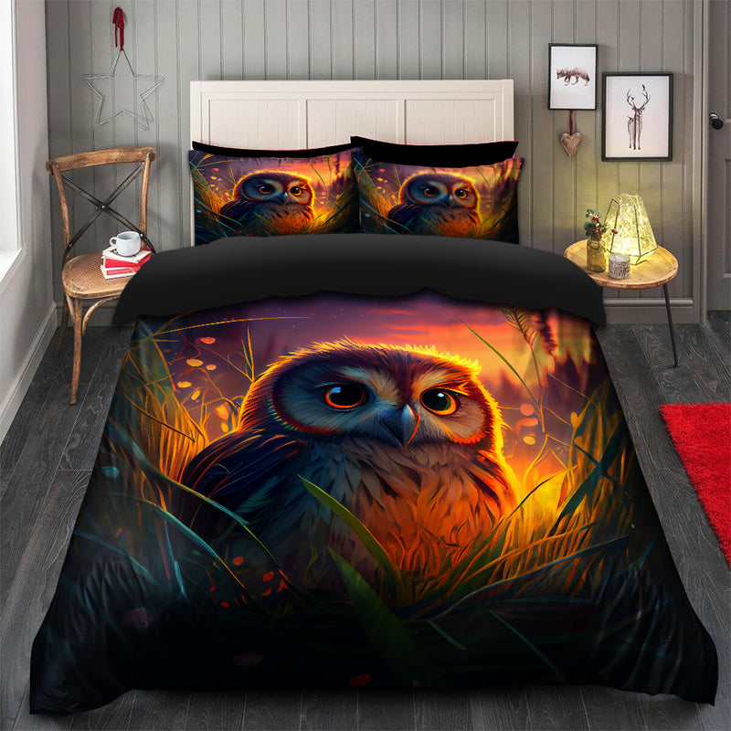 Cute Owl Bedded Down In The Grass Safe And Cozy Fireflies Bedding Set Duvet Cover And 2 Pillowcases