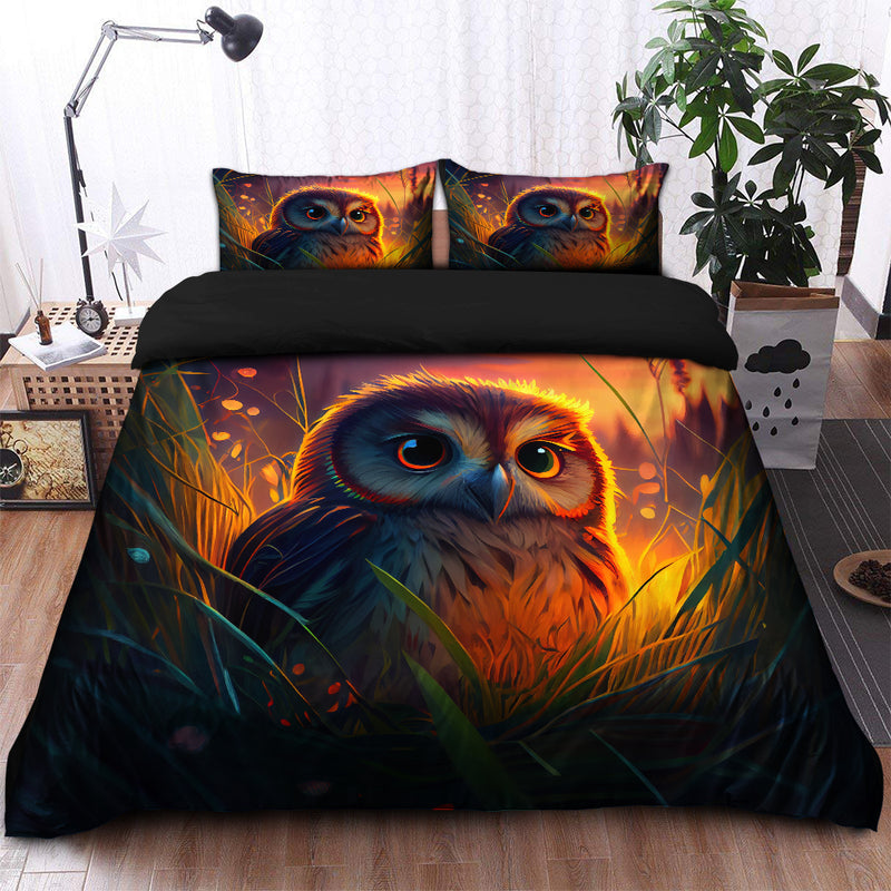 Cute Owl Bedded Down In The Grass Safe And Cozy Fireflies Bedding Set Duvet Cover And 2 Pillowcases