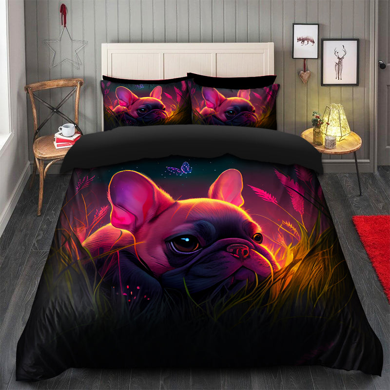 Cute Pink Baby French Bulldog Bedded Down In The Grass Safe And Cozy Fireflies Bedding Set Duvet Cover And 2 Pillowcases