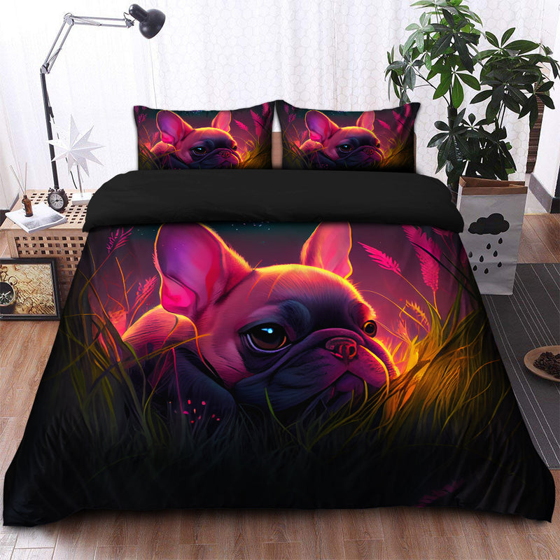 Cute Pink Baby French Bulldog Bedded Down In The Grass Safe And Cozy Fireflies Bedding Set Duvet Cover And 2 Pillowcases