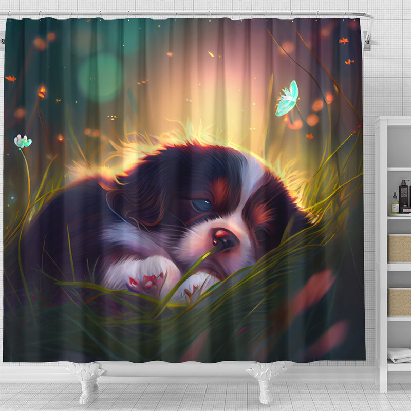 Cute Puppy Bedded Down In The Grass 3 Shower Curtain