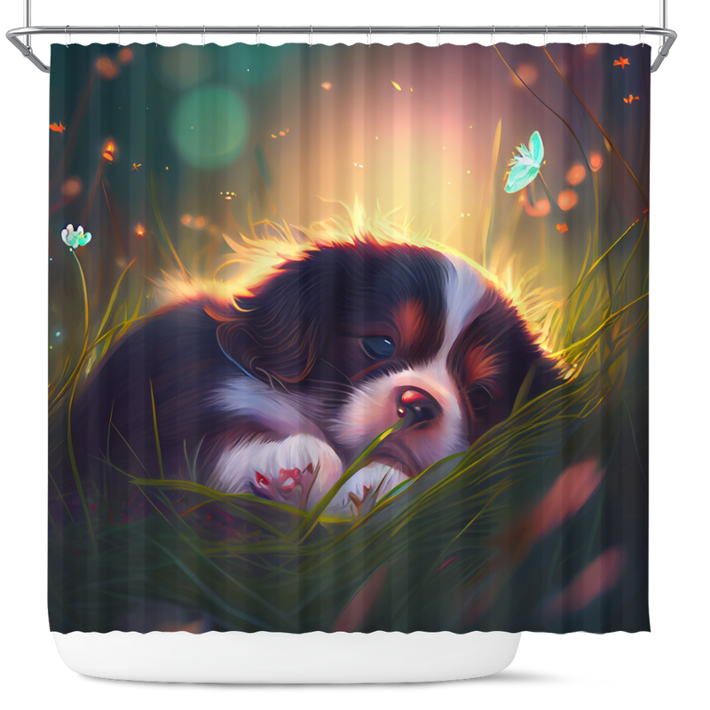 Cute Puppy Bedded Down In The Grass 3 Shower Curtain
