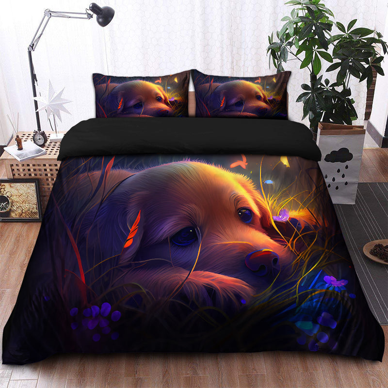 Cute Puppy Bedded Down In The Grass Safe And Cozy Fireflies Bedding Set Duvet Cover And 2 Pillowcases