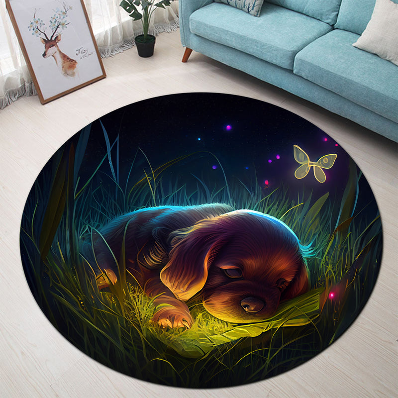 Cute Puppy Bedded Down In The Grass 1 Round Carpet Rug Bedroom Livingroom Home Decor