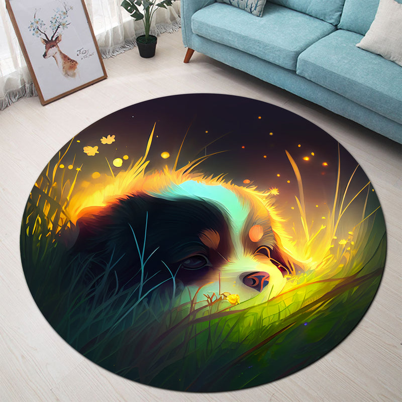 Cute Puppy Bedded Down In The Grass 2 Round Carpet Rug Bedroom Livingroom Home Decor