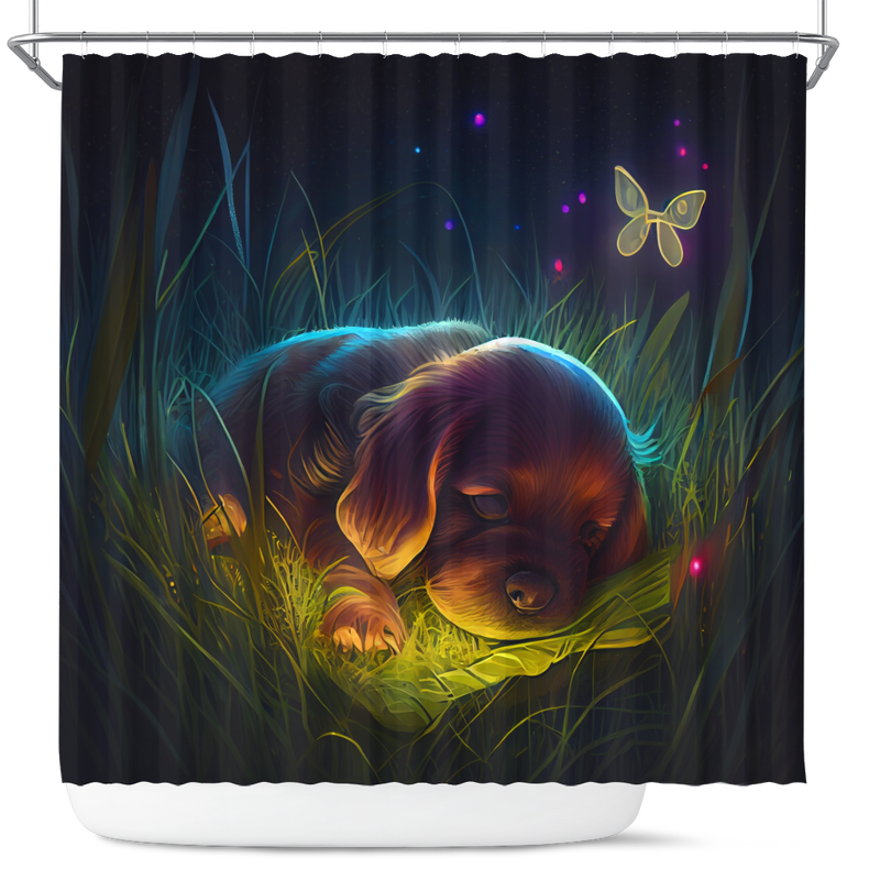 Cute Puppy Bedded Down In The Grass 4 Shower Curtain
