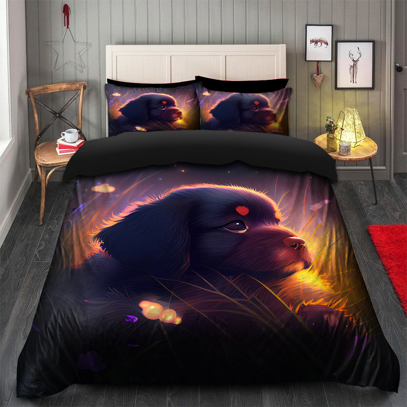 Cute Puppy 3 Bedded Down In The Grass Safe And Cozy Fireflies Bedding Set Duvet Cover And 2 Pillowcases