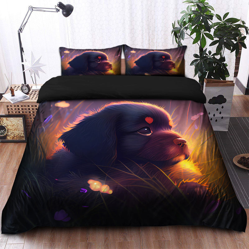 Cute Puppy 3 Bedded Down In The Grass Safe And Cozy Fireflies Bedding Set Duvet Cover And 2 Pillowcases