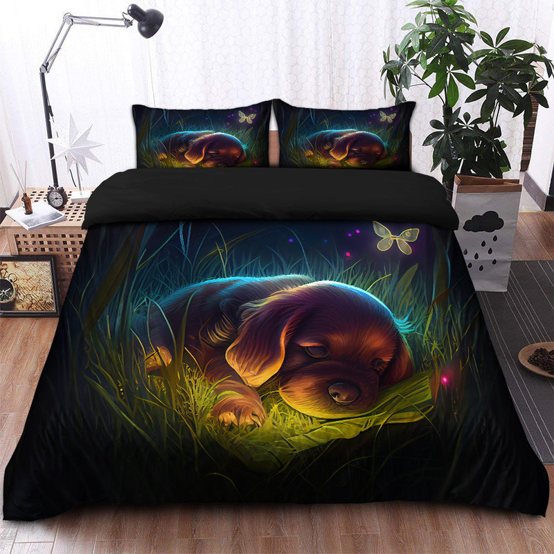 Cute Puppy 4 Bedded Down In The Grass Safe And Cozy Fireflies Bedding Set Duvet Cover And 2 Pillowcases