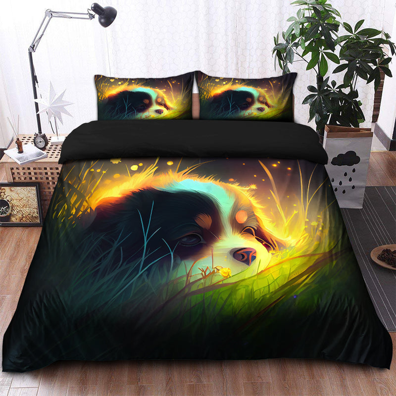 Cute Puppy 5 Bedded Down In The Grass Safe And Cozy Fireflies Bedding Set Duvet Cover And 2 Pillowcases