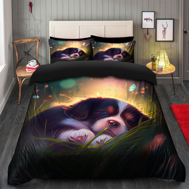 Cute Puppy 6 Bedded Down In The Grass Safe And Cozy Fireflies Bedding Set Duvet Cover And 2 Pillowcases