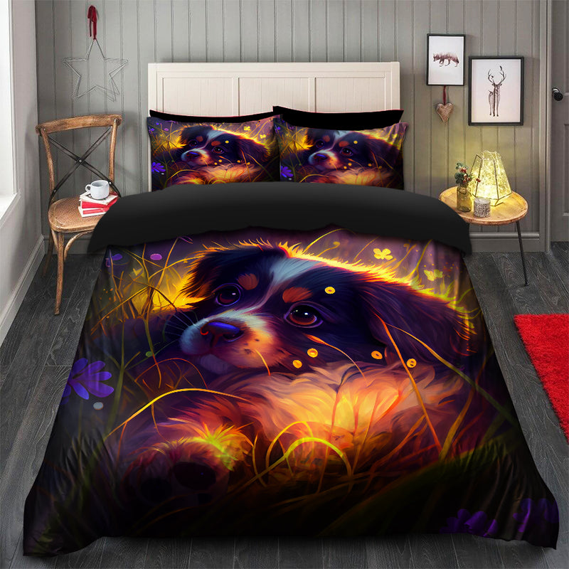 Cute Puppy 2 Bedded Down In The Grass Safe And Cozy Fireflies Bedding Set Duvet Cover And 2 Pillowcases