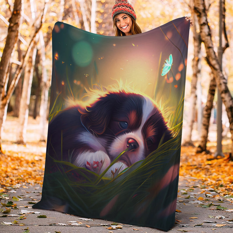 Cute Puppy 4 Bedded Down In The Grass Safe And Cozy Fireflies Moonlight Premium Blanket