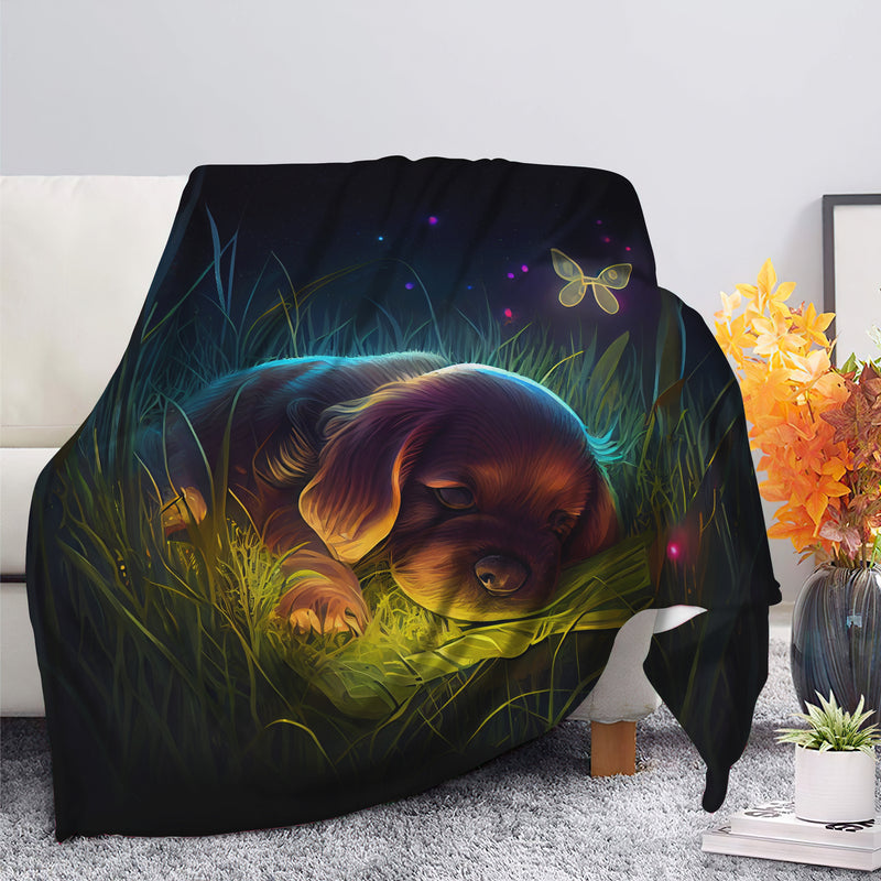 Cute Puppy 6 Bedded Down In The Grass Safe And Cozy Fireflies Moonlight Premium Blanket