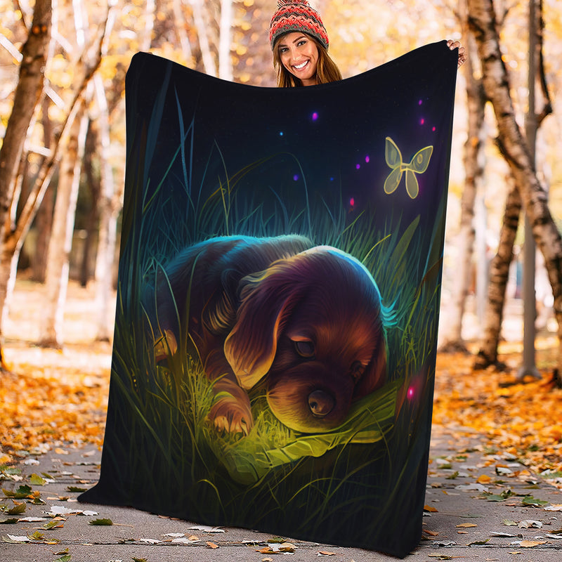 Cute Puppy 6 Bedded Down In The Grass Safe And Cozy Fireflies Moonlight Premium Blanket