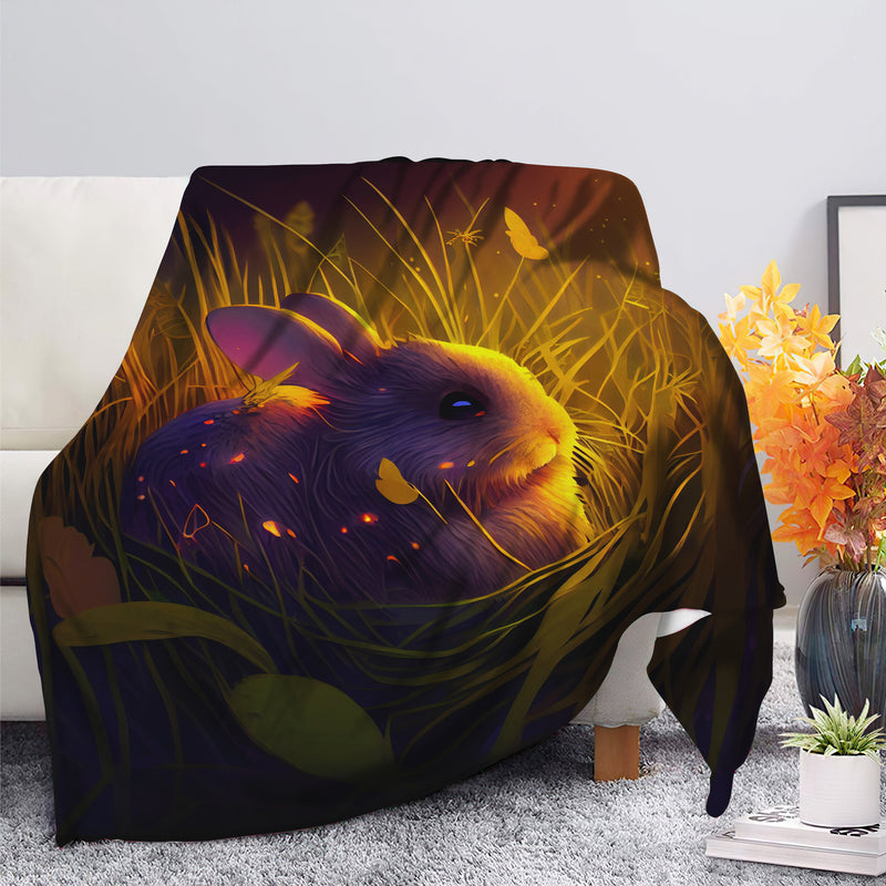 Cute Rabbit 2 Bedded Down In The Grass Safe And Cozy Fireflies Moonlight Premium Blanket