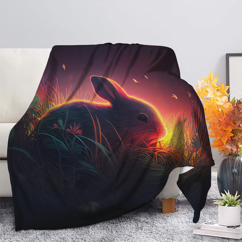 Cute Rabbit Bedded Down In The Grass Safe And Cozy Fireflies Moonlight Premium Blanket