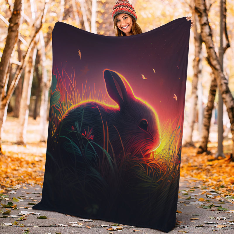 Cute Rabbit Bedded Down In The Grass Safe And Cozy Fireflies Moonlight Premium Blanket