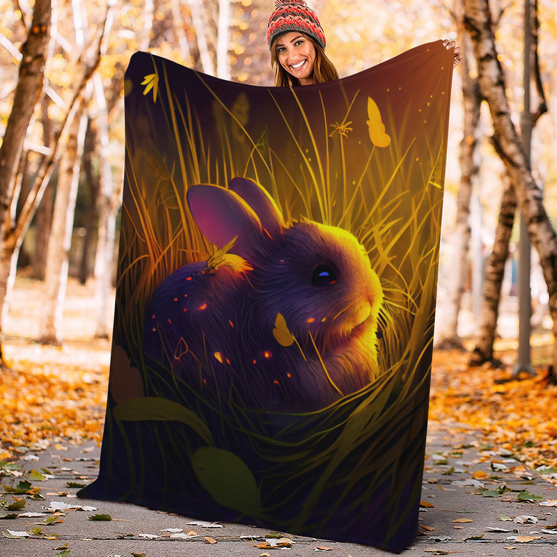 Cute Rabbit 2 Bedded Down In The Grass Safe And Cozy Fireflies Moonlight Premium Blanket