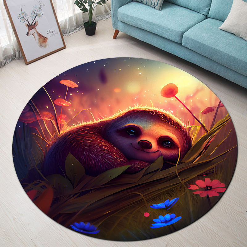 Cute Sloth Bedded Down In The Grass Round Carpet Rug Bedroom Livingroom Home Decor
