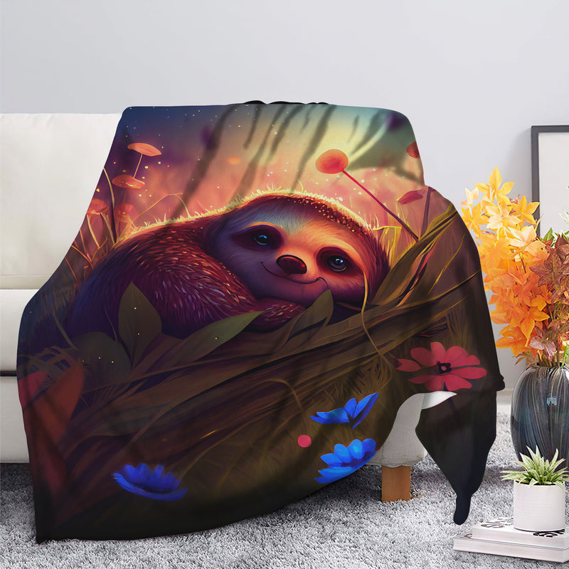 Cute Sloth Bedded Down In The Grass Safe And Cozy Fireflies Moonlight Premium Blanket