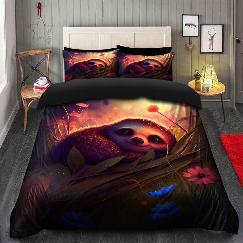 Cute Sloth Bedded Down In The Grass Safe And Cozy Fireflies Bedding Set Duvet Cover And 2 Pillowcases
