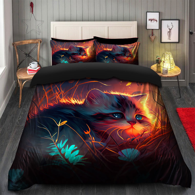 Cute Cat Bedded Down In The Grass Safe And Cozy Fireflies Bedding Set Duvet Cover And 2 Pillowcases