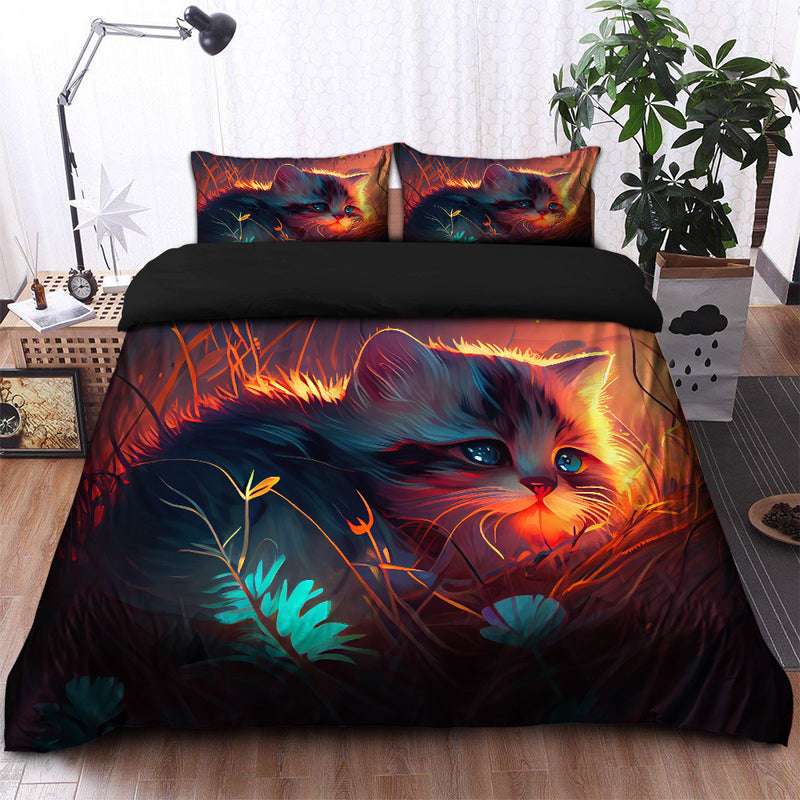 Cute Cat Bedded Down In The Grass Safe And Cozy Fireflies Bedding Set Duvet Cover And 2 Pillowcases