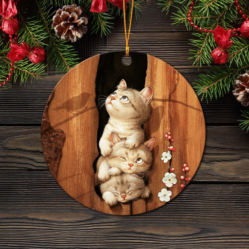 Cute Cat Hiden Wood Circle Ornament Perfect Gift For Holiday Nearkii