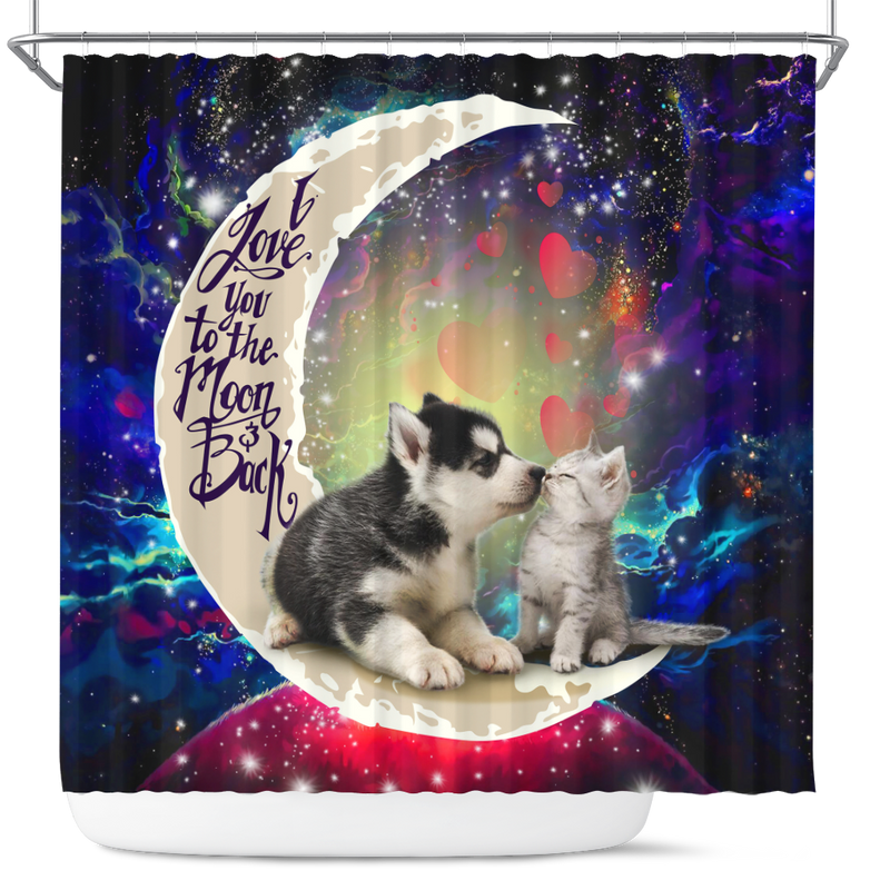 Cute Couple Husky And Cat Love You To The Moon Galaxy Shower Curtain Nearkii