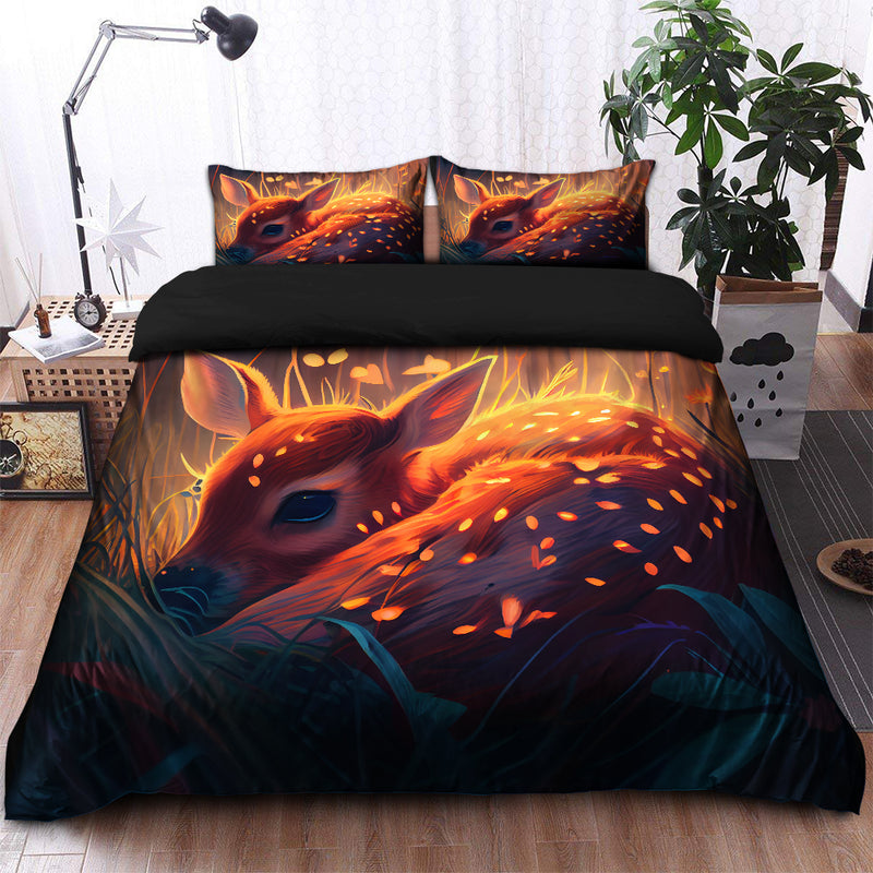 Fawn Bedded Down In The Grass Safe And Cozy Fireflies Bedding Set Duvet Cover And 2 Pillowcases