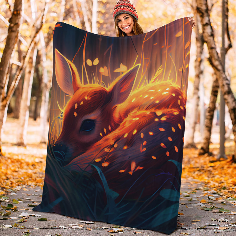 Fawn Bedded Down In The Grass Safe And Cozy Fireflies Moonlight Premium Blanket