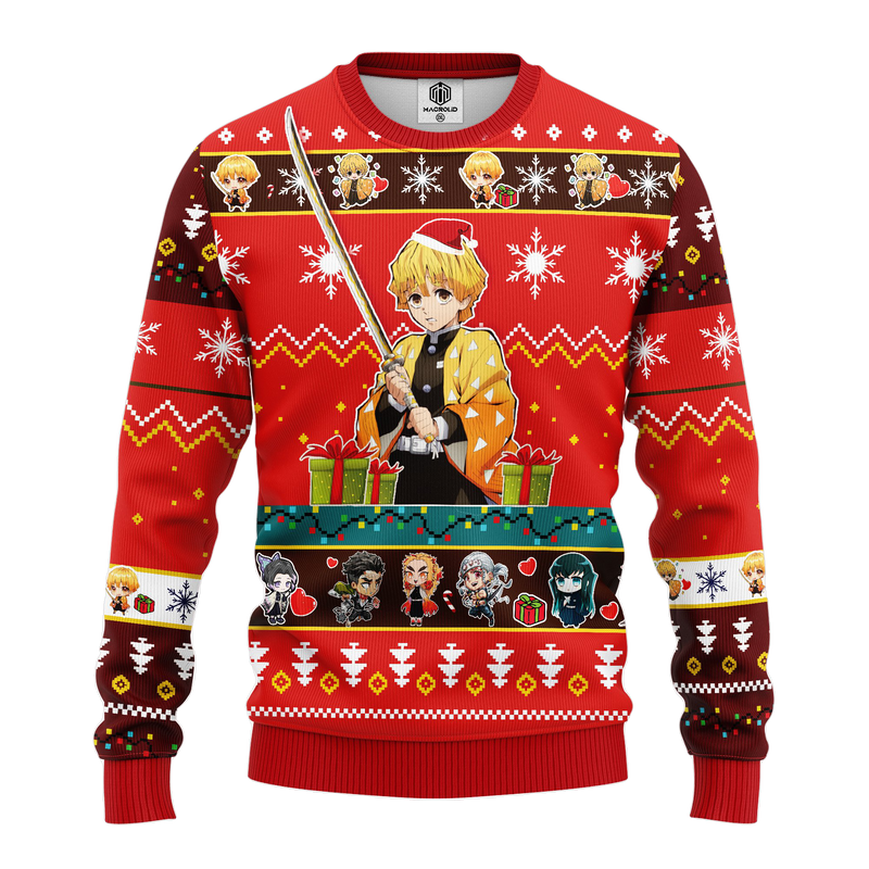 Agatsuma Zenitsu Demon Slayer Anime Ugly Christmas Sweater Red 1 Amazing Gift Idea Thanksgiving Gift