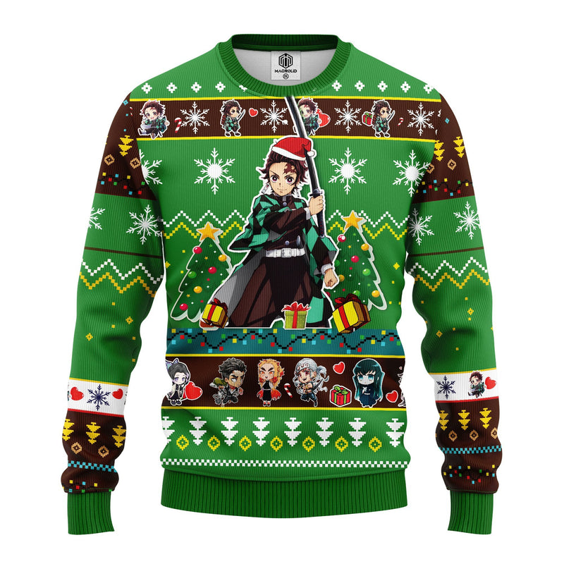 Tanjiro Kamado Demon Slayer Anime Ugly Christmas Sweater Green 1- Amazing Gift Idea Thanksgiving Gift Nearkii